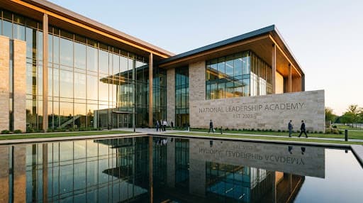 A modern institutional building at sunrise