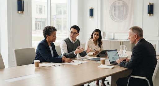 Professionals collaborating in a modern academic setting